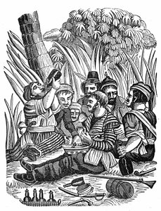 Die Mannschaft von Captain Bartholomew Roberts ruht sich am Old Calabar River aus, späte 17. Jahrhundert. Gravur aus „The pirate own book“ 1837 von Anonymous Anonymous