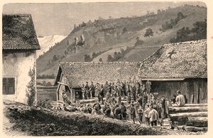 Feier des katholischen Gottesdienstes in Saint-Ursanne in der Schweiz im Jahr 1874, nach einer Fotografie. Gravur in „Les Missions Catholiques au XIXème Siècle“ von Louis-Eugène Louvet. Private Sammlung. von Anonymous Anonymous