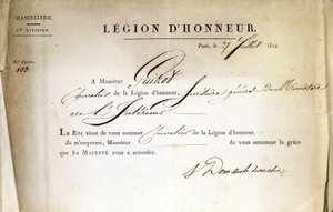 Zertifikat zur Verleihung der Ehrenlegion an Guizot, Generalsekretär des Innenministeriums, 21.07.1814