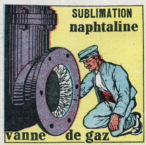 Zustandsänderungen: Sublimation. Naphthalinablagerung verstopft ein Gasventil. Anonyme Illustration von 1925. Private Sammlung.