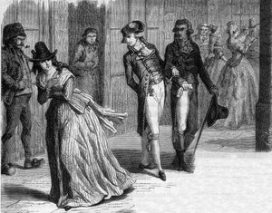 Charlotte Corday beim Messerschmied Badin, unter den Arkaden des Palais-Royal im Jahr 1793 - Gravur in „Histoire des Girondins“ von Alphonse de Lamartine (1790-1869) 1865-1866 - Privatsammlung