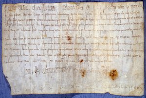 Urkunde von König Karl dem Großen (742-814), die die Abtei Saint Germain des Pres von der Steuer am 27.03.779 befreit. Paris, Nationalarchiv