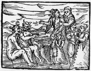 Kind, das zum ersten Mal zum Sabbat zugelassen wird - „Compendium Maleficarum“, behandelt Hexen, ihr Böses und ihre Zauberei von Francesco Maria Guazzo oder Guaccio oder Guaccius (15?? -16??) 1608 Private Sammlung