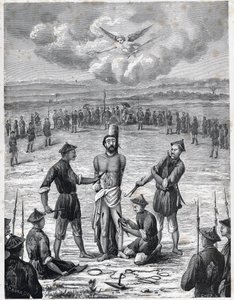 Christenverfolgung: Der französische Missionar Joseph Marchand erlitt die „Qual der hundert Wunden“ in Cochinchina am 30. November 1835. Gravur in „Les Missions Catholiques au XIXème Siècle“ von Louis-Eugène Louvet. Private Sammlung. von Anonymous Anonymous