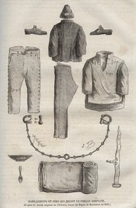 Kleidung und Eisen, die ein Forcat im Rochefort-Bagne im 19. Jahrhundert erhält (nach der Originalzeichnung von Clemans, Forcat im Bagne 1840). Gravur in „Histoire des bagnes depuis leur création à nos jours“ (1877) von Pierre Zaccone (1817-1895). von Anonymous Anonymous