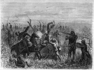 Vollständige Zerstörung der Vendéens: Schlacht von Savenay im Dezember 1793. Gravur von 1866 in „Histoire de la Revolution francaise“ von Adolphe Thiers. Private Sammlung.