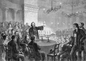 Konferenz des Reformers Johannes (Jean) Ronge (1813-1887) in Wien im Jahr 1868. Er gründete die Universalkirche. Gravur von 1868. Privatsammlung.