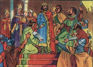 Krönung von Hugues Capet (941-996) in Noyon im Jahr 987 durch Adalberon (ca. 925-990), Erzbischof von Reims. Diese Krönung markierte den Beginn der Kapetinger-Dynastie, Könige von Frankreich, die entweder direkt oder indirekt für 8 Jahre regierten. Anonyme