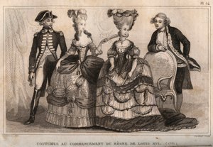 Kostüme zu Beginn der Herrschaft von Ludwig XVI. (1775). Gravur von 1859 in „Le Monde. Geschichte aller Völker von den frühesten Zeiten bis zur Gegenwart“ von M. E. de Lostalot-Bachoue. Private Sammlung von Anonymous Anonymous