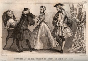 Kostüme zu Beginn der Herrschaft von Ludwig XV (1720). Gravur von 1859 in „Le Monde. Geschichte aller Völker von den frühesten Zeiten bis zur Gegenwart“ von M. E. de Lostalot-Bachoue. Private Sammlung. von Anonymous Anonymous