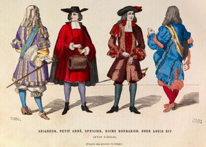 Kostüme von Lord, kleinem Abt, Offizier und reichem Bürger in Paris unter der Herrschaft von König Ludwig XIV. im 17. Jahrhundert - Private Sammlung