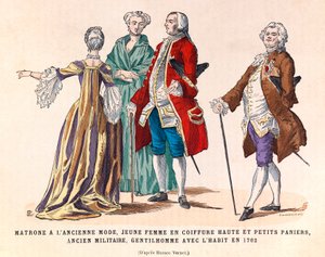 Kostüme einer alten modischen Matrone, einer jungen Frau mit hoher Frisur und kleinen Körben, eines ehemaligen Militärs und eines Herrn im Anzug 1762 (Herrschaft von König Ludwig XV.) - private Sammlung von Anonymous Anonymous