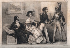 Kostüme unter der Herrschaft von Louis Philippe (1839). Gravur von 1859 in „Le Monde. Geschichte aller Völker von den frühesten Zeiten bis zur Gegenwart“ von M. E. de Lostalot-Bachoue. Private Sammlung. von Anonymous Anonymous