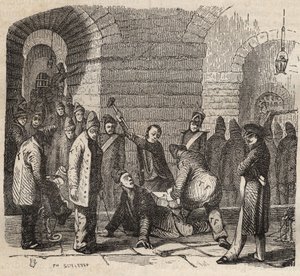 Kopplung im Rochefort Bagne im 19. Jahrhundert. Gravur in „Histoire des bagnes depuis leur création à nos jours“ (1877) von Pierre Zaccone. Private Sammlung.