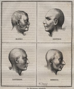 Kriminelle Phrenologie im Brest Bagne (Porträts, die die physiognomischen Merkmale verschiedener Krimineller darstellen). Gravur in „Histoire des bagnes depuis leur création à nos jours“ (1877) von Pierre Zaccone. von Anonymous Anonymous