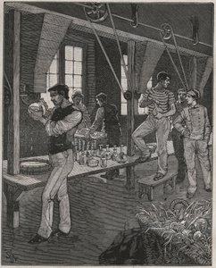 Werkstatt der Kristallgraveure in Frankreich im 19. Jahrhundert. Gravur aus 1885 in „Les arts et metiers illustres“ von Adolphe BITARD.