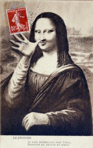 Verfremdete Darstellung der „Mona Lisa“ von Leonardo da Vinci (1452-1519): Mona Lisa verabschiedet sich, um ihren „Vinci“ zu finden. Komödie-Postkarte, herausgegeben zur Zeit des Diebstahls des Werkes durch Vincenzo Peruggia von Anonymous Anonymous