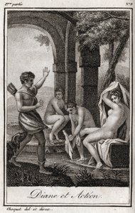 Diana und Actaeon. Diana überrascht im Bad von dem Jäger Actaeon. Gravur von 1819 in „Lettres à Emilie sur la mythologie“ von Charles Albert Demoustier (1760-1801). Private Sammlung von Anonymous Anonymous