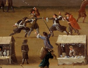 Duellszene auf der Pont Neuf in Paris im 17. Jahrhundert (Detail)