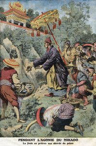 Während der Agonie des Mikado (Kaiser von Japan) Meiji (1852-1912): die Menge im Gebet in der Nähe des Palastes. Gravur in „Le Petit Journal“, am 11.08.1912. Private Sammlung.