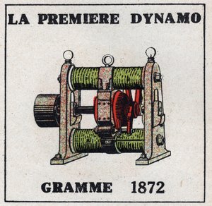 Dynamo: der erste Dynamo, erfunden von Zenobe Theophile Gram (1826-1901) im Jahr 1872. Anonyme Illustration von 1925. Private Sammlung.