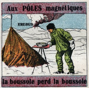 Terrestrischer Magnetismus: an magnetischen Polen verliert der Kompass die Orientierung. Wissenschaftler James Clark Ross (1800-1862) benutzt einen Kompass während seiner wissenschaftlichen Expedition in die Antarktis. Hinter ihm der Erebus-Vulkan, den er  von Anonymous Anonymous