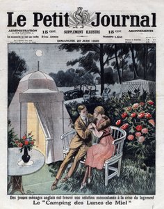 Wirtschaft und Inflation in England: Ehepaar auf einem Hochzeitsreise-Campingplatz in der Nähe von London, um der Wohnungsnot zu begegnen. Titelbild von „Le petit journal“ vom 27.06.1920. Private Sammlung