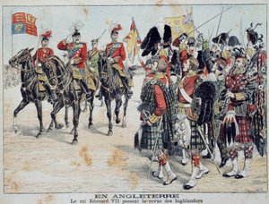 Edward VII (1841-1910), König von England, inspiziert die schottischen Highlander. Illustration aus dem illustrierten Supplement des 