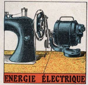 Elektrische Energie: elektrische Nähmaschine. Anonyme Illustration von 1925. Private Sammlung.