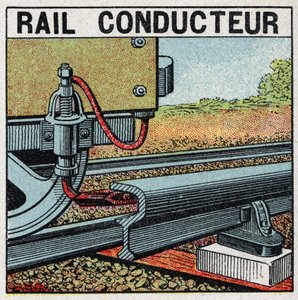 Elektrische Eisenbahnen: leitende Schiene. Anonyme Illustration von 1925. Private Sammlung.