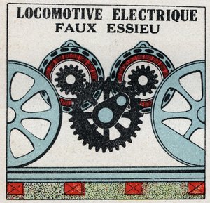 Elektrische Eisenbahnen: falsche Achse einer Elektrolokomotive. Anonyme Illustration von 1925. Private Sammlung.