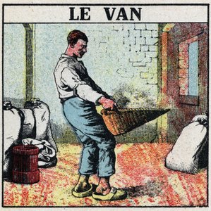 Elektrische Werkzeuge: der Wagen oder Weidenkorb zur Getreidereinigung vor der Erfindung elektrischer Maschinen. Anonyme Illustration von 1925. Private Sammlung. von Anonymous Anonymous