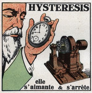 Elektrische Phänomene: Hysterese. Demonstration des Hysterese-Phänomens durch Annäherung einer Dynamo an eine Uhr, deren Zahnräder größtenteils aus Stahl bestehen, sie magnetisiert sich und bleibt stehen. Anonyme Illustration von 1925. Private Sammlung.