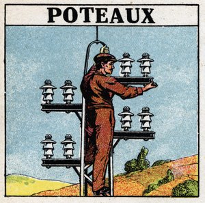 Elektrische Leitungen: Strommasten. Anonyme Illustration von 1925. Private Sammlung. von Anonymous Anonymous