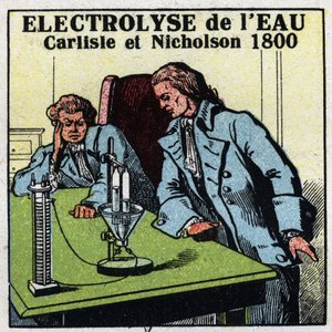 Elektrochemie: Elektrolyse von Wasser durch Anthony Carlisle (1768-1842) und William Nicholson (1753-1815) in London am 2. Mai von Anonymous Anonymous