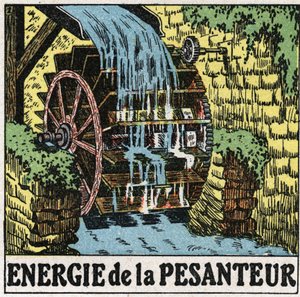 Energie der Schwerkraft: Rad einer Wassermühle. Anonyme Illustration von 1925. Private Sammlung.