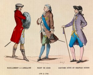 Englische Kleidung, ein Hofanzug und ein Schweizer Hut von 1778 bis 1780 von Anonymous Anonymous