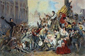 Episode der Revolution von 1830 vor dem Brüsseler Rathaus. Werbe-Chromolithographie von Antoine-Schokoladen in Brüssel, Anfang des 20. Jahrhunderts.
