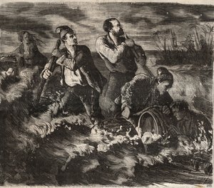 Flucht aus dem Bagne von Belle-Île-en-Mer im 19. Jahrhundert. Gravur in „Histoire des bagnes depuis leur création à nos jours“ (1877) von Pierre Zaccone.