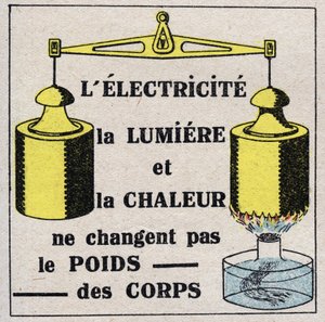 Äther (Material): Elektrizität, Licht und Wärme verändern das Körpergewicht nicht. Anonyme Illustration von 1925. Privatsammlung.
