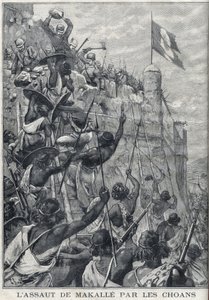 Äthiopien: Der Angriff auf Makalle durch die Choans von Menelik II. gegen die italienische Armee. Äthiopien. Gravur in „Le Petite Parisien“ von Anonymous Anonymous
