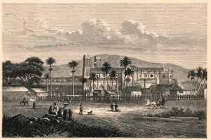 Außenansicht der Kathedrale von Port of Spain in Trinidad. Gravur in „Les Missions Catholiques au XIXeme Siecle“ von Louis-Eugene Louvet. Private Sammlung von Anonymous Anonymous