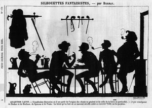 Fantastische Silhouetten von Bernay. Karikatur über Pariser Intellektuelle: „Lateinisches Viertel. Große Diskussion über den Ursprung der Dinge im Allgemeinen und des Bieres im Besonderen...“ Gravur in „Petity Journal pour Rire“ von Anonymous Anonymous