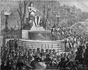 Fest der neuen Verfassung (29. Thermidor Jahr I oder 10. August 1793) - Der Brunnen der Regeneration auf den Trümmern der Bastille (10. August 1793) - Gravur in „Histoire des Girondins“ von Alphonse de Lamartine (1790-1869) 1865-1866 - Private Sammlung