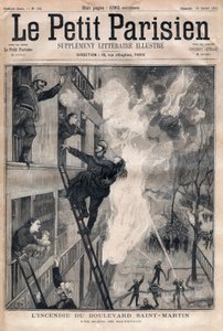 Feuerwehrmann von Paris: Rettungsszene während des Brandes am Boulevard Saint-Martin. Gravur in „Le petit Parisien“ von 1891. Private Sammlung