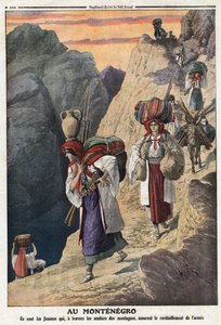 Erster Balkankrieg: Montenegrinische Frauen überqueren zu Fuß die Berge, um die Waffenversorgung sicherzustellen. Illustration aus „Le Petite Journal“ vom 17.11.1912. Private Sammlung.