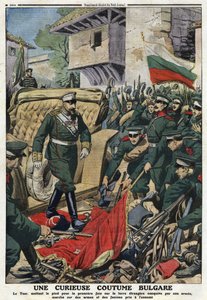 Erster Balkankrieg: Zar Ferdinand I. von Bulgarien (1861-1948) marschiert auf fremden, von seiner Armee eroberten Gebieten in Mustapha-Pasha (heute Ferdinandovo), tritt auf die Waffen und Fahnen der Feinde. Illustration aus „The Little Journal“
