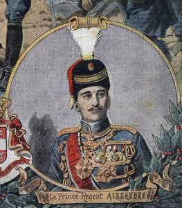 Erster Weltkrieg 1914-1918: Porträt des Prinzregenten von Serbien Alexander, der König Alexander I. von Jugoslawien oder Alexander II. von Serbien (1888-1934) wurde. Gravur in „Le Petite Journal“