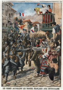 Erster Weltkrieg 1914-1918: Serben begrüßen französische Truppen mit Begeisterung. Gravur in „Le Petit Journal“, am 24.10.1915.