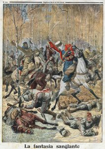 Erster Weltkrieg 1914-1918: „Die blutige Fantasie“. Im Wald kämpft eine Truppe von dreißig Ulanen (deutsche Reiter mit einer Lanze) gegen acht siegreiche algerische Spahis. Gravur in „Le Petit Journal“, am 28.11.1915. Private Sammlung. von Anonymous Anonymous